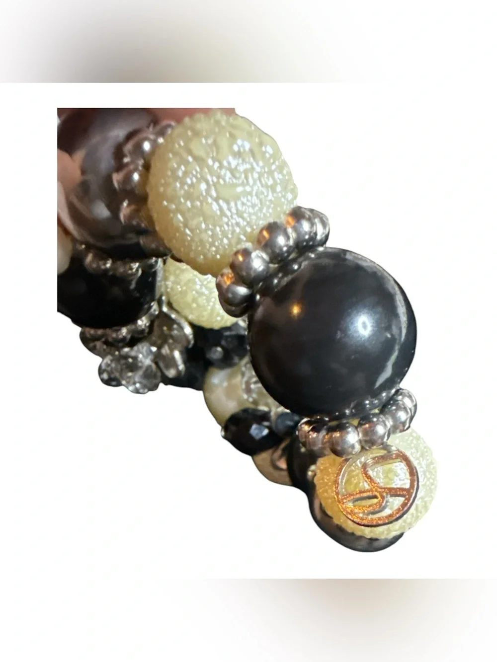Boutique Chunky Black & Ivory Stretch Statement Bracelet Faux Pearl Crystal EUC